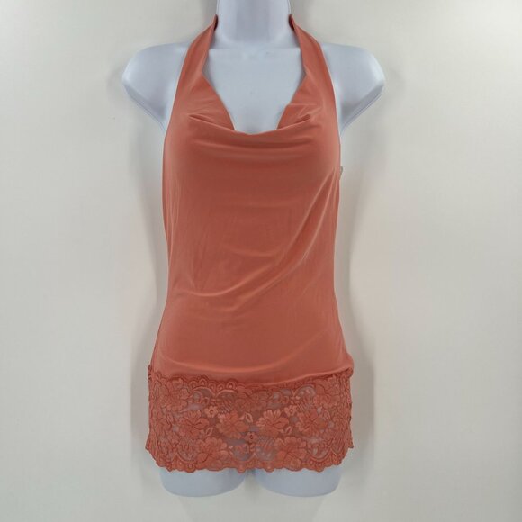 Wet Seal Y2K S Halter Cowl Neck Top Peach Lace Trim Stretch Made in USA - Picture 1 of 8